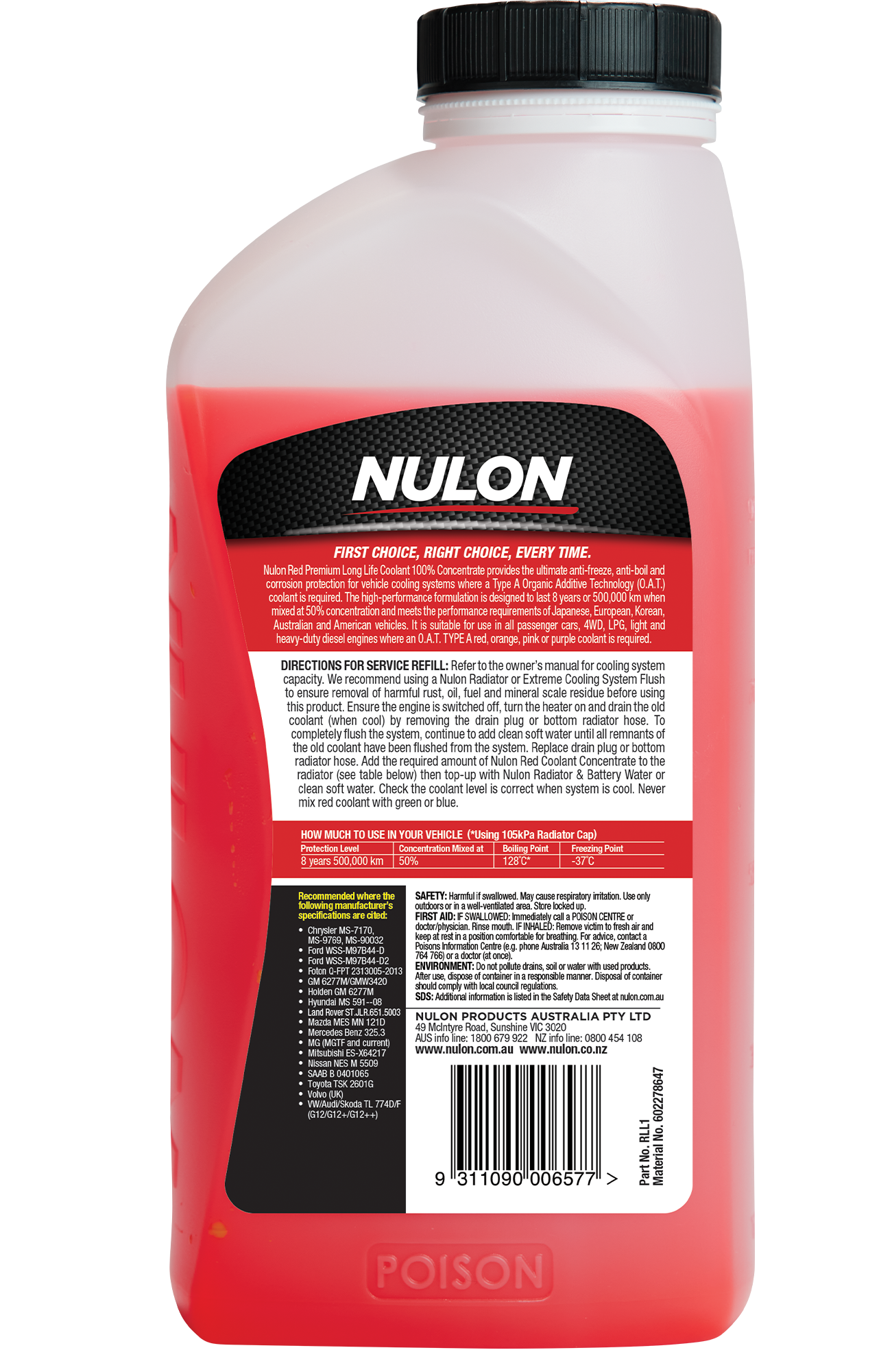 Red Premium Long Life Coolant 100% Concentrate  RLL1 Rear